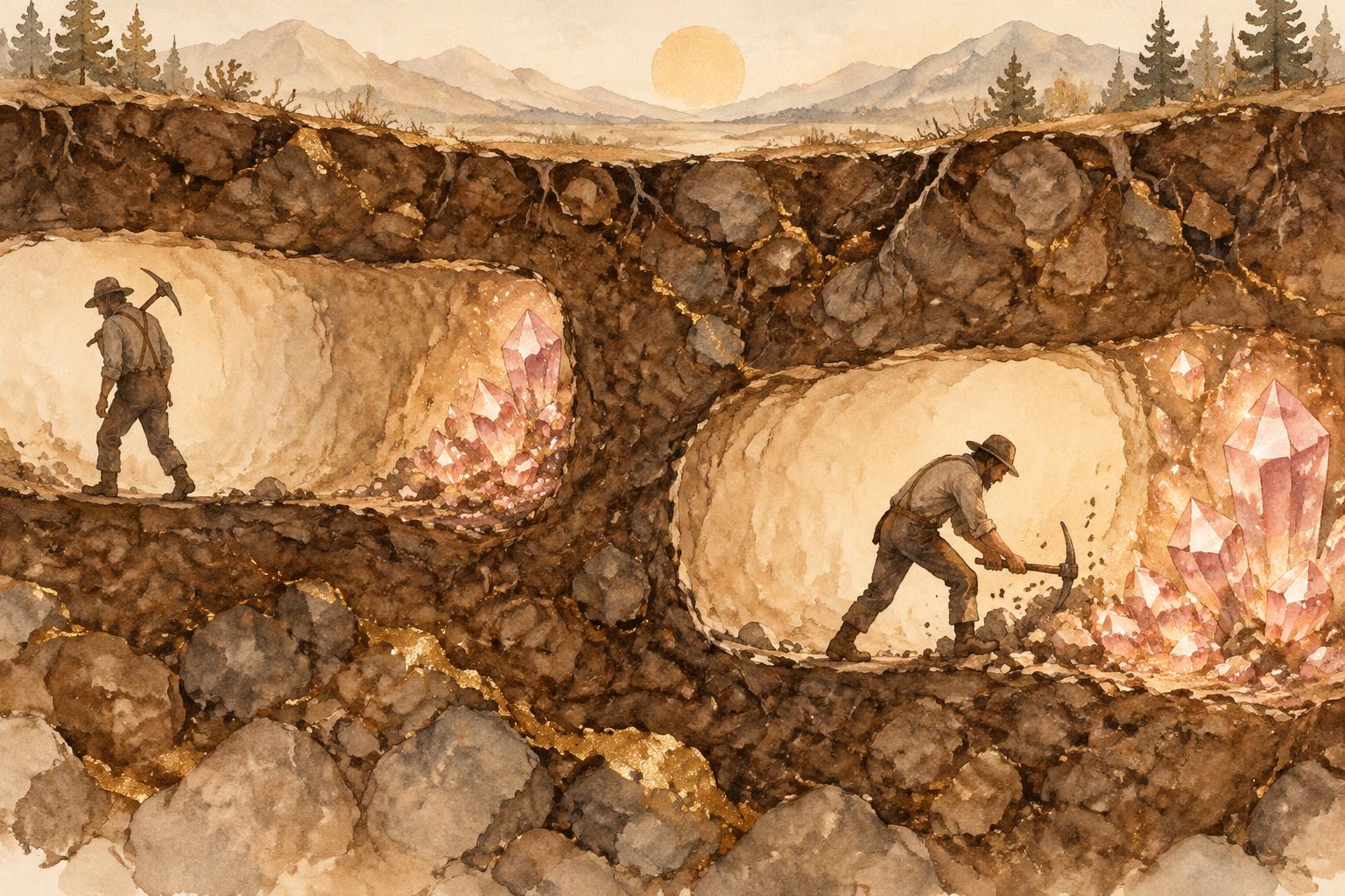 Illustration of two miners: one turns away just before the diamonds, the other keeps digging and finds them